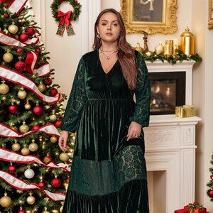 Plus Size Lace Patchwork V-Neck Balloon Sleeve Midi Dress